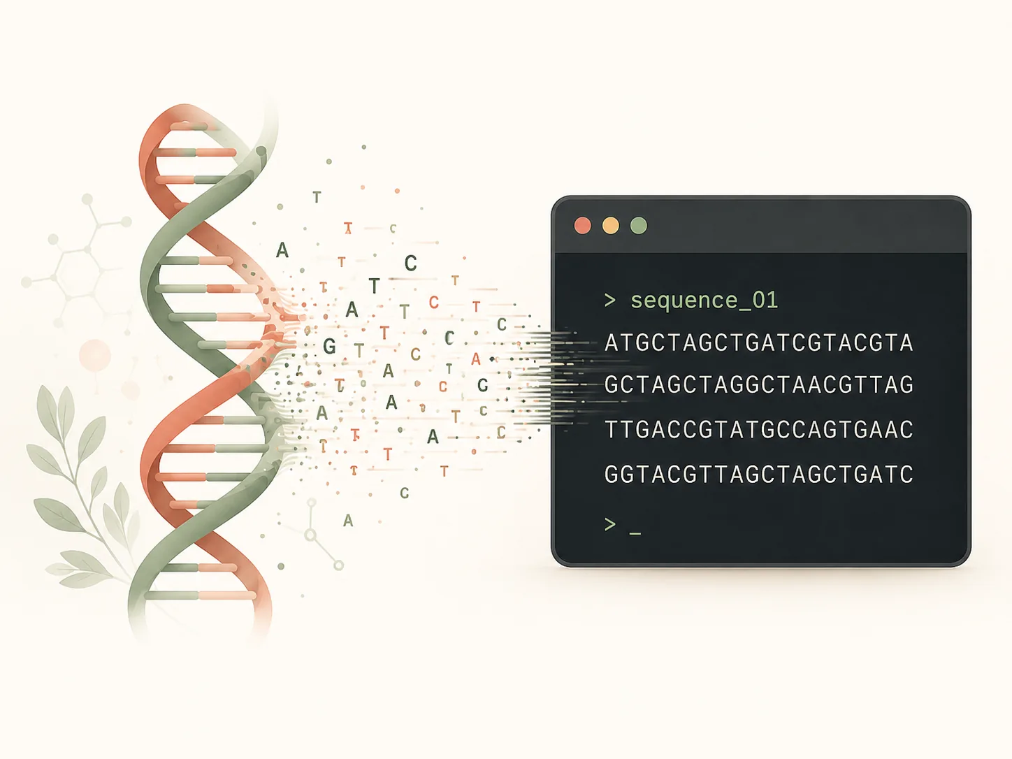 DNA sequence transforming into a FASTA file displayed in a terminal